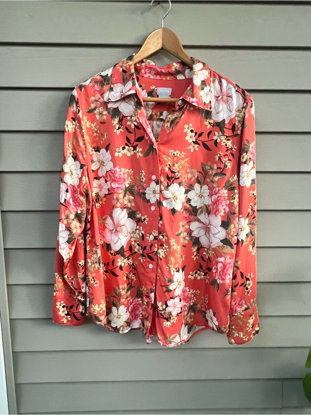 Chico's Coral Floral Button-Front Blouse / Size 2 (12-14)